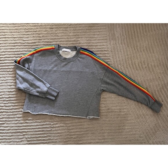 Spiritual Gangster Women’s Cropped Gray Sweatshirt Raw Rainbow Stripe Small EUC - Picture 5 of 6